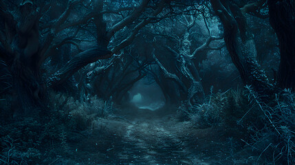 A haunted forest path with twisted trees and eerie shadows, creating a spooky atmosphere