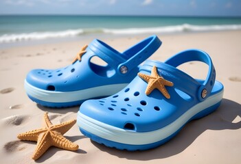 Obraz premium A pair of blue crocs-style sandals on a sandy beach , with orange starfish decorations on them