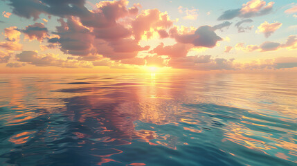 Spectacular abstract image of a scenic calm ocean, sunrise sky reflecting in the water. Sunset and natural. Digital art 3D illustration.