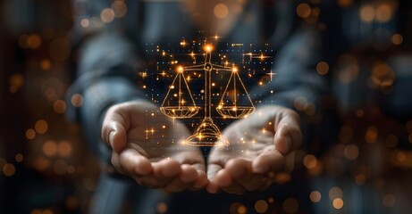 Hands Holding Glowing Scales of Justice Symbolizing Fairness. Scales of Justice Held by Hands with Sparkling Lights Representing Legal Balance