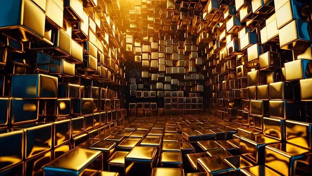 motion background of gold cubes. wealth, abundance, or modern abstract art background.
