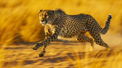 A sleek and agile cheetah sprinting across the golden savanna, captured in mid-stride with every muscle tensed, as it races towards its prey with lightning speed. 32k, full ultra hd, high resolution