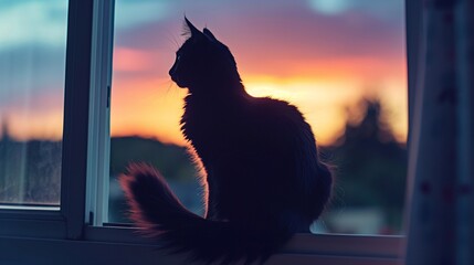 A sleek black cat perched on a windowsill, silhouetted against the backdrop of a colorful sunset,...