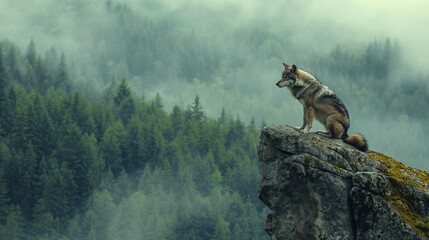 A solitary wolf perched atop a rocky cliff, overlooking a dense forest shrouded in mist. 32k, full ultra HD, high resolution