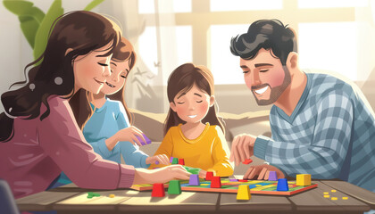 Happy Family Playing Board Games Together - Foster family bonds with this image of a happy family playing board games together, perfect for illustrating quality time or indoor activities concepts