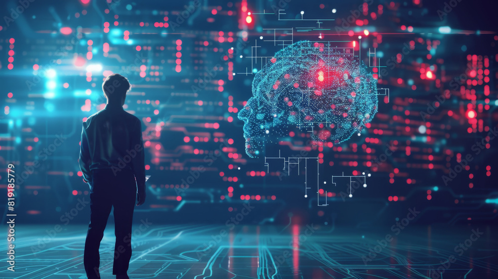 Poster a man stands in front of a digital interface featuring an ai brain, symbolizing advanced artificial 