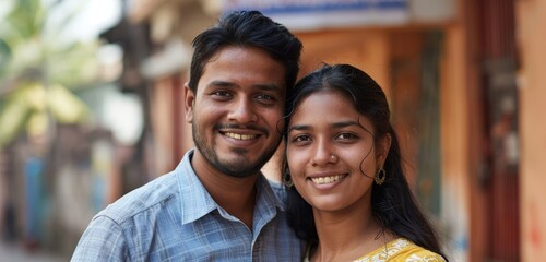 Fototapeta premium A casual couple shares a happy moment on a city street, their relaxed demeanors complemented by traditional Indian elements in their attire.