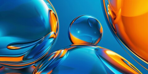 Modern abstract composition featuring orange and yellow spheres set against a blue backdrop with fluid, flowing shapes.