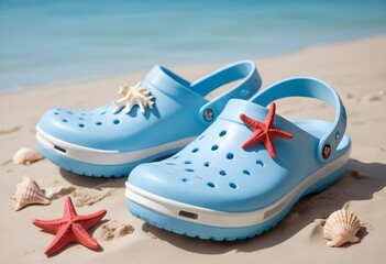  A pair of light blue crocs-style sandals on a sandy beach , with orange starfish decorations on them
