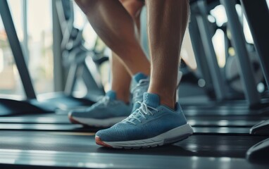 A close-up of dynamic feet in motion on a treadmill, showcasing the active movement and performance aspect of running. The light blue sneakers imply a sense of style and functionality.