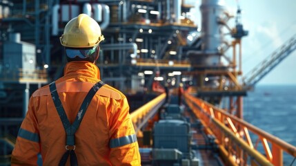A man in an orange jacket and hard hat standing in front of an oil rig. Suitable for industrial and construction concepts