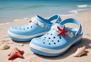  A pair of light blue crocs-style sandals on a sandy beach , with orange starfish decorations on them