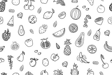 Seamless pattern of fruits, berries and nuts in doodle style. Pineapple, strawberry, papaya, avocado, orange, lemon, banana, apple, pear, watermelon, kiwi, cherry and other. Hand drawn