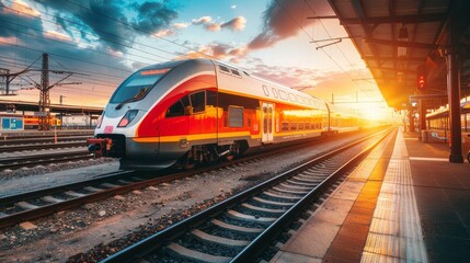 Naklejka premium Scenic train travel in beautiful city with stunning nature views and railway station