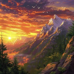 Sunset in the mountains generated by AI