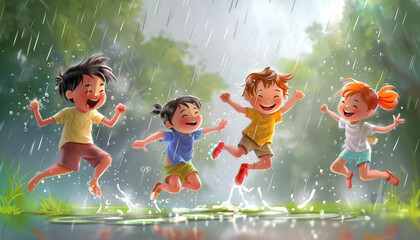 Happy Children Jumping in Puddle After Rain - Embrace the joy of childhood with this image of happy children jumping in a puddle after rain, perfect for illustrating fun or carefree moments. 