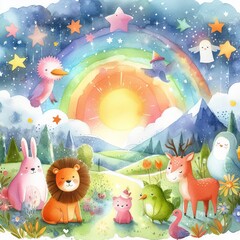 Naklejka premium A Whimsical Sunset: Serene Forest Wildlife Under a Starry Sky in Vibrant Hues