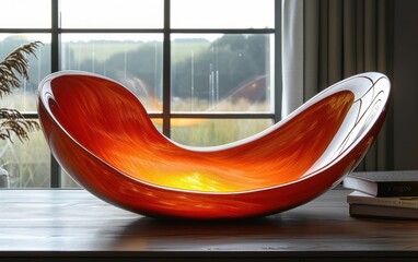 A large orange vase placed on a wooden table
