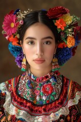 Fototapeta premium A woman wearing a colorful dress with flowers in her hair. Suitable for fashion and lifestyle themes