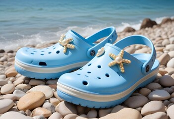  A pair of light blue crocs-style sandals on a sandy beach.