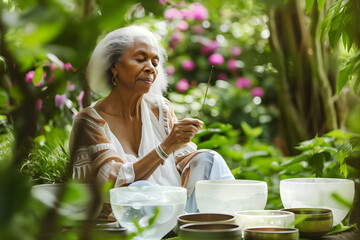 Elderly woman with silver hair engaged in a sound healing session in a tranquil garden setting surrounded by crystal singing bowls and nature