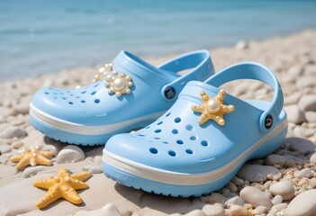  A pair of light blue crocs-style sandals on a sandy beach.