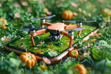 Isometric vector for agriculture automation using drone technology in pesticide spraying for advanced farming and crop husbandry with structured farm planning.