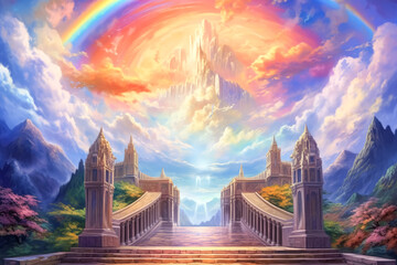 Obraz premium A painting of a castle with a large archway and a rainbow in the sky. The painting has a dreamy and mystical feel to it
