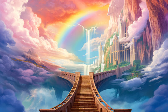 A painting of a castle with a large archway and a rainbow in the sky. The painting has a dreamy and mystical feel to it