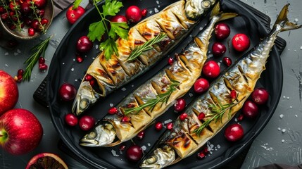 Delicious mackerel or scomber in apples and cranberry
