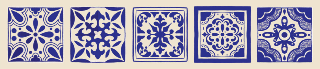 Various square Tiles. Different blue ornaments. Traditional mediterranean style. Hand drawn. Ceramic tiles. Vector illustration isolated on background. 