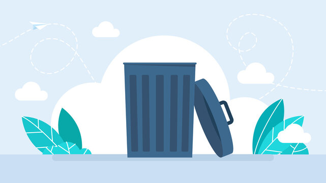 Trash can open. Metal trashcan for garbage with opened cover. Empty rubbish can cartoon design. Ecology and environment concept. Isolated on white background. Flat style illustration