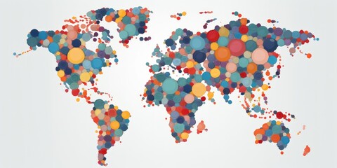 Stylized world map composed of multicolored circles on a white background with a modern artistic...