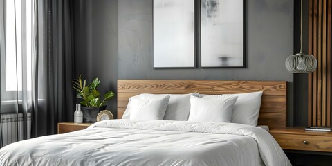 Close-up of white bed pillow in modern bedroom décor. Concept Bedroom Decor, White Pillow, Modern Design, Close-up Shot