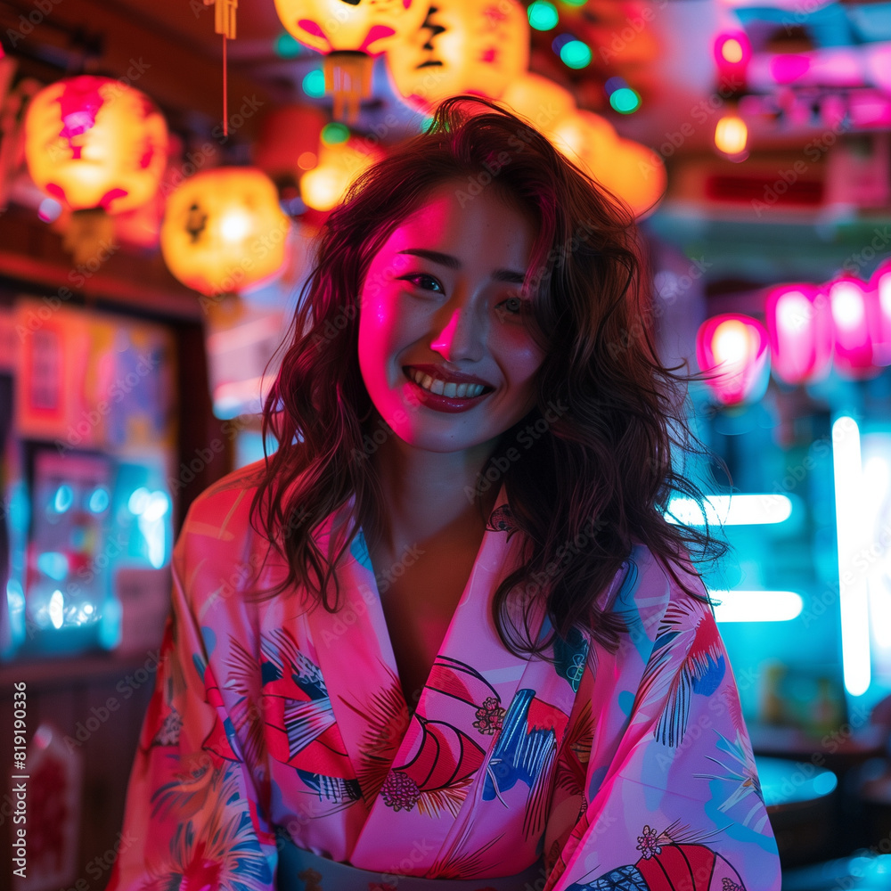 Wall mural Pink kimono, young Asian woman, pub background