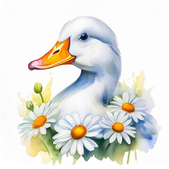 Watercolor painting of cute white duck in flowers. Domestic animal, farm bird. Hand drawn art.