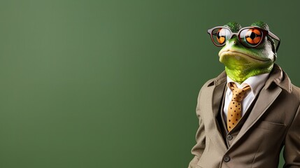 Funny frog in a suit and glasses on a green background.