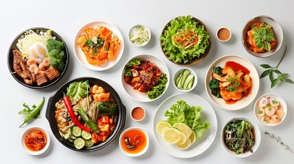 Authentic Korean Cuisine Spread on White Background in Crystal Clear 8K Resolution - Top View Realistic Group of Traditional Korean Food