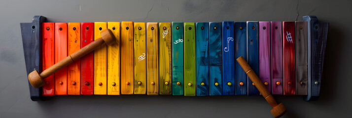 Overhead View of Vibrant Xylophone Highlighting the Music Notes and Mallets