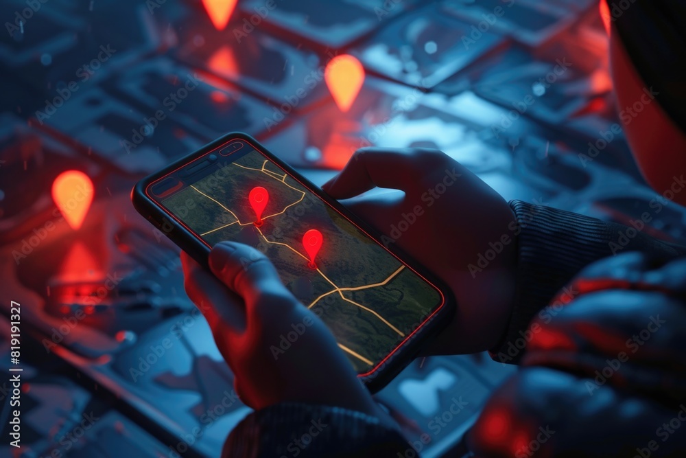 Poster a person holding a cell phone with a map displayed on the screen. suitable for technology and naviga