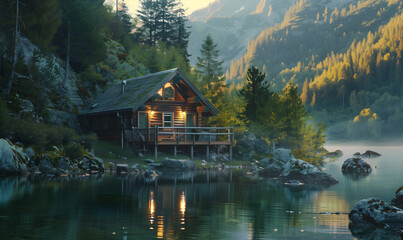 Obraz premium A lonely cottage hidden in the heart of peaceful nature, surrounded by forest and far from the hustle and bustle of civilization. It is a refuge where the silence is so thick that you can touch it.