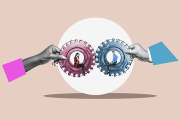 Human hands joining gear wheels together as effective unity and productive teamwork concept....