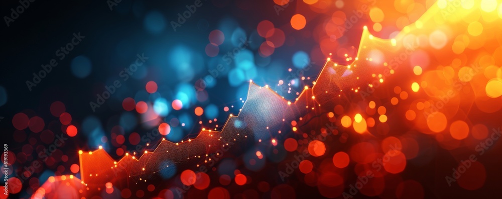 Aufkleber Business graph and financial chart with glowing data on blue background, AI technology concept. Big Game stock market or online trading business background with orange light bokeh effect