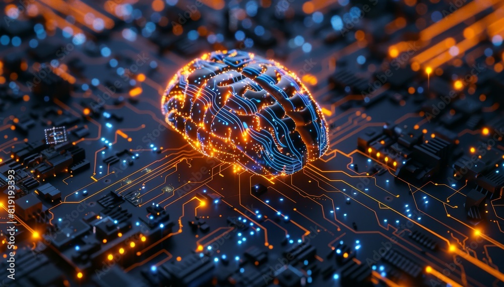 Poster A brainshaped chip floating on an electronic circuit board background with blue and orange lighting effects. The intricate patterns of the circuits around it form a complex maze pattern