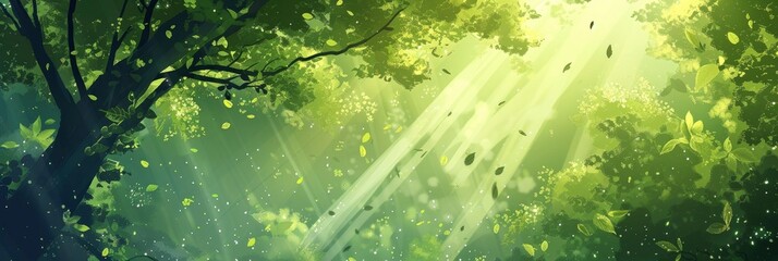 A green forest with fog and sunlight shining through the leaves