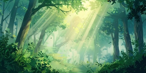 A green forest with fog and sunlight shining through the leaves