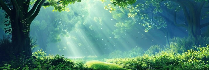 A green forest with fog and sunlight shining through the leaves