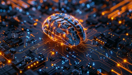 A brainshaped chip floating on an electronic circuit board background with blue and orange lighting effects. The intricate patterns of the circuits around it form a complex maze pattern