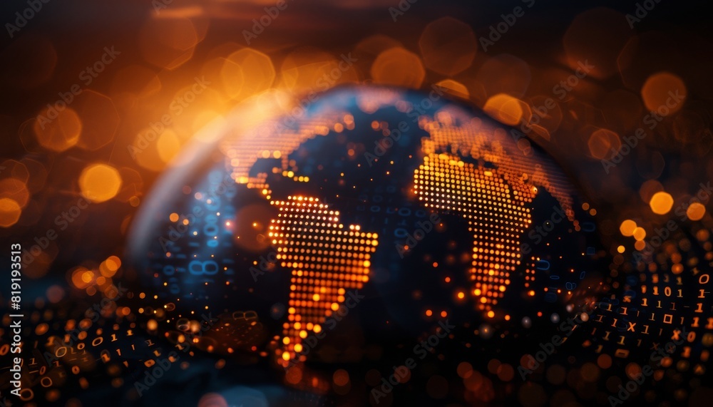 Poster Digital earth globe, glowing digital world map with data and global network connections on dark background, tech concept for internet technology or business exchange