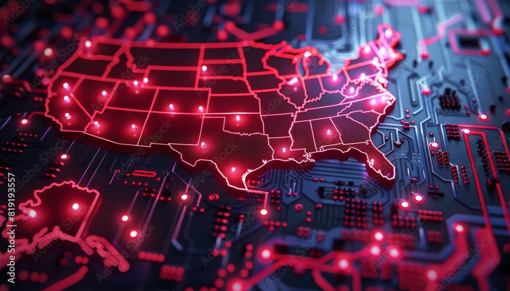 Fototapete 3d rendering of a map of the united states on a digital screen with glowing red lines and a blue cir
